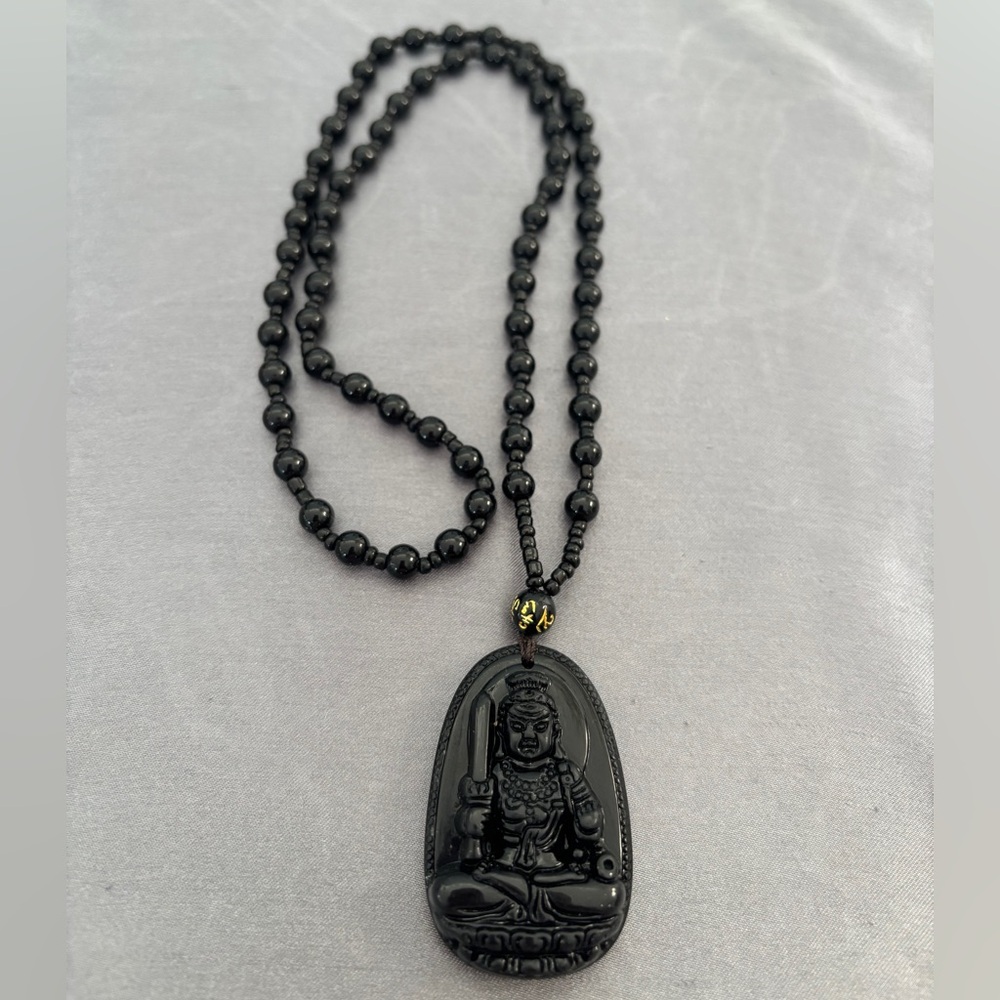 Black Jade Buddha Pendant Necklace EYE CANDY LOS ANGELES 24” Like New - Picture 6 of 6